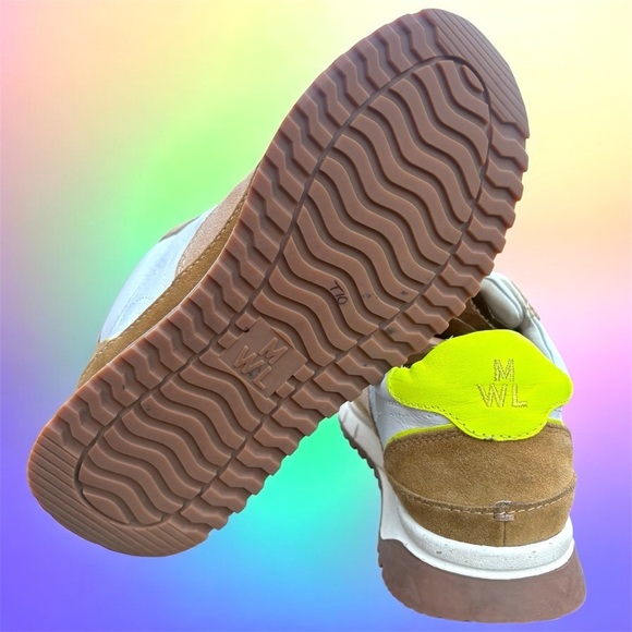 Madewell Womans Sneakers Leather 7.5 White Tan Neon Yellow Kickoff Trainers - Picture 4 of 12